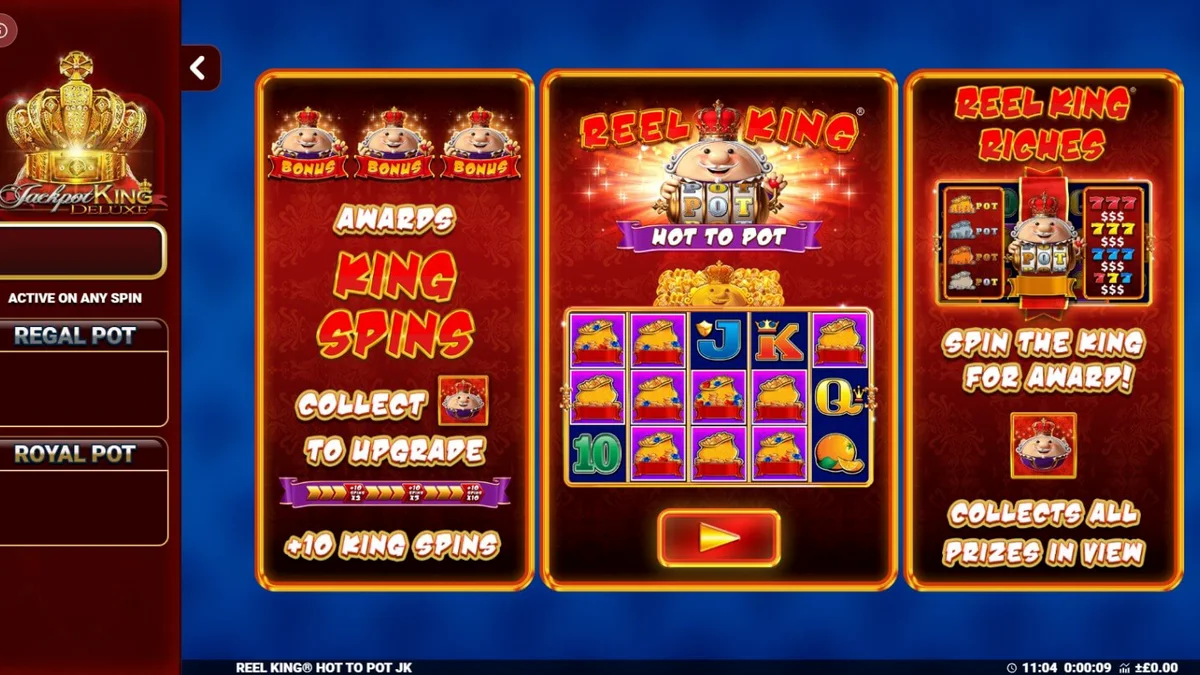 Reel King Hot to Pot slot machine interface na may mga gintong korona at prutas.