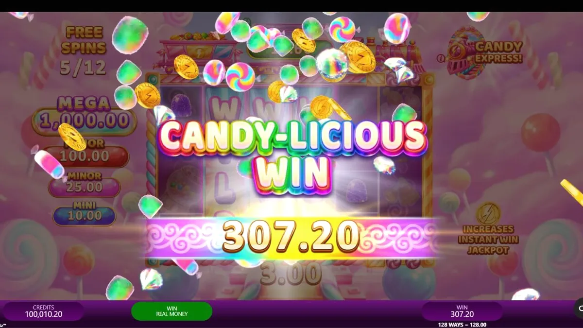 Makulay na tren sa isang candy-themed na mundo ng slot
